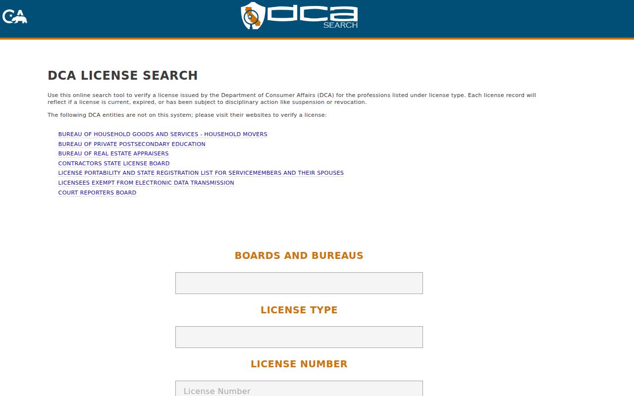San Pablo resident lookup through California Department of Consumer Affairs license search